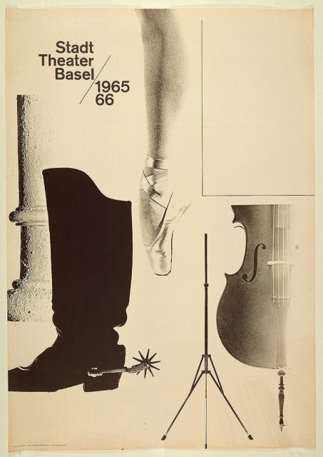 Photographic reproductions of a Classical column, a boot with a spur, a ballet dancer's leg en pointe, a music stand, a quarter of a cello. In upper left quadrant, the following inscription in black letters: Stadt / Theater / Basel / 1965 / 66.