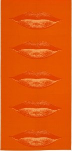 Length of orange cotton printed with large, photo-realist lips, in slightly paler orange.