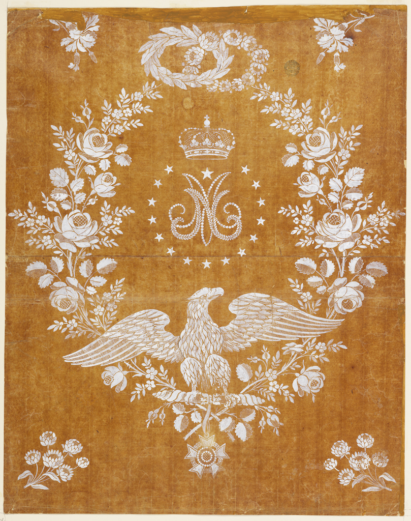 Center, beneath crown, are two initials- a superimposed N and M encircled by stars and a wreath of roses. Upper center, two entwined wreaths - one of laurel, and the other of a chrysanthemum-like flower. Upper corners, oak sprigs; lower corners, floral sprigs. Lower center, the Napoleonic eagle. The Legion of Honor medallion hangs below the eagle.