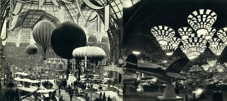 Image features tow black and white photographs of expositions at the Grand Palais. On the left: hot air balloons and early airplanes. On the right, lighting and airplanes. Please scroll down to read the blog post about this object.