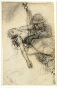 A firefighter faces right and holds an unconscious young girl in a gurney as he carries her to safety. The girl's head rolls back, her right arm hangs down limply and the clutches a rope.