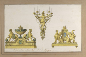 Designs for metal pieces. Upper center, a sconce with a young boy with fire on his head standing among six branches, three on each side, with candles at the tips. Lower left, an andiron with adorsed sphinxes crouching on either side of an urn. Lower right, an andiron with adorsed griffins crouching on either side of a flame-topped altar.