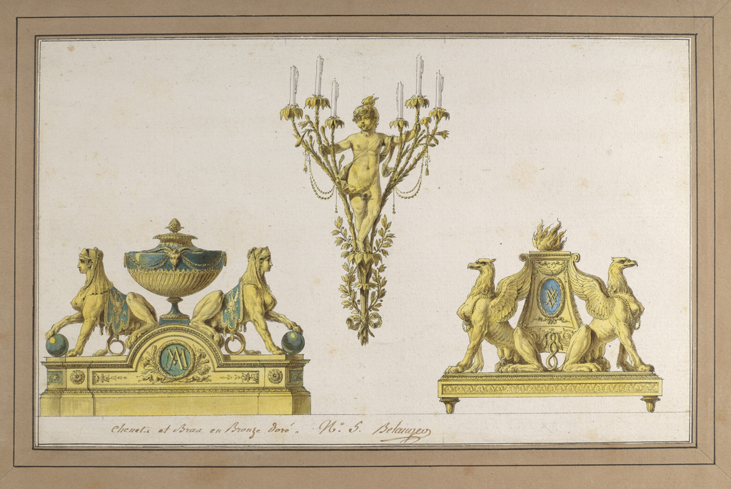 Designs for metal pieces. Upper center, a sconce with a young boy with fire on his head standing among six branches, three on each side, with candles at the tips. Lower left, an andiron with adorsed sphinxes crouching on either side of an urn. Lower right, an andiron with adorsed griffins crouching on either side of a flame-topped altar.