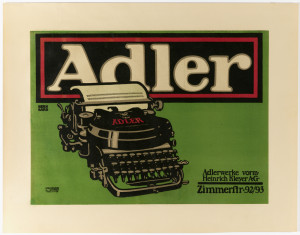 An Adler typewriter with typed piece of paper. Across the top: Adler. Lower right, in black ink: Adlerwerke vorm / Heinrich Kleyer AG / Zimmerftr.92/93.