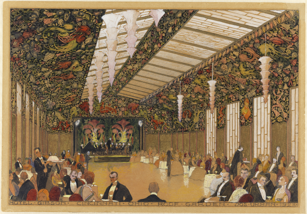 The sheet depicts a large hall with a double skylight. The ceiling and upper parts of the walls are heavily decorated with floral motifs The center of the hall is left open while its edges are occupied by tables and seated figures. A stage with playing musicians is situated against the back wall.