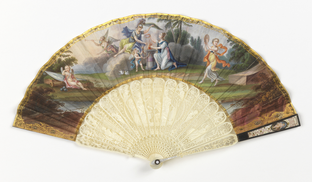 Folding fan with a leaf of painted paper backed with parchment, sticks of carved and pierced ivory, guards decorated with mother-of-pearl, silver, and metallic spangles. The leaf is painted on the front with an allegorical scene depicting a hero returning from war; on the reverse, the leaf is white decorated with foliage sprays in gilt.