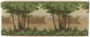 Landscape frieze, with repeating design of mountain lake set with islands. Identical trees in foreground, with one clump of pines, in the distance, appearing larger than others. Entire paper printed with close set lines of square dots, intended to suggest the appearance of tapestry.