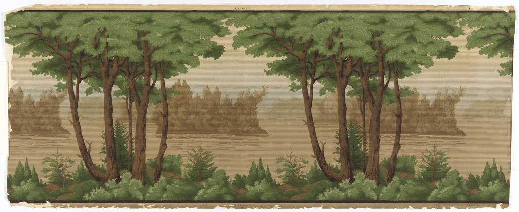 Landscape frieze, with repeating design of mountain lake set with islands. Identical trees in foreground, with one clump of pines, in the distance, appearing larger than others. Entire paper printed with close set lines of square dots, intended to suggest the appearance of tapestry.