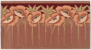 Large-scale poppies on stem with flowers running along top edge and stems at bottom. The space between the band of poppy flowers and the top edge is printed deep red. Printed on pink oatmeal paper.