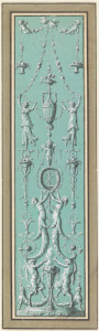 Design for a wall panel. At the bottom, two satyrs sacrifice flowers at the foot of a burning candelabrum. The satyrs support, with their heads, two half female figures (half female and half flower stem). The figures hold a medallion with a maenad. A putto, supporting a vase, stands on top of the medallion. At the very to center of the composition are two billing doves and at the edges two putti. The putti hold festoons and garlands from which then flower baskets are suspended. The doves hold long garlands, which are then connected to two female figures (one at each side of the central composition). These female figures in turn stand on long decorative spears, which rest on the end tips of the half female figures.