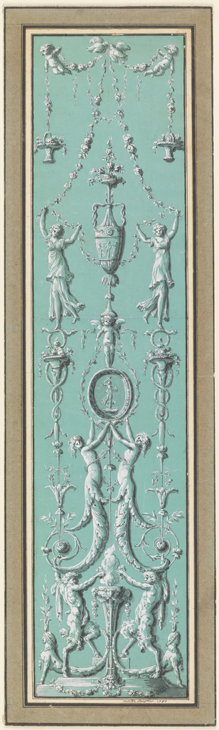 Design for a wall panel. At the bottom, two satyrs sacrifice flowers at the foot of a burning candelabrum. The satyrs support, with their heads, two half female figures (half female and half flower stem). The figures hold a medallion with a maenad. A putto, supporting a vase, stands on top of the medallion. At the very to center of the composition are two billing doves and at the edges two putti. The putti hold festoons and garlands from which then flower baskets are suspended. The doves hold long garlands, which are then connected to two female figures (one at each side of the central composition). These female figures in turn stand on long decorative spears, which rest on the end tips of the half female figures.