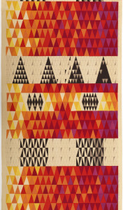 Length of printed cotton with a ground of narrow bands of triangles varying in tone from pale yellow to deep red to violet, but predominantly orange. Interrupted by deep bands of white with black and gray triangles, forming larger triangles, squares and diamonds.