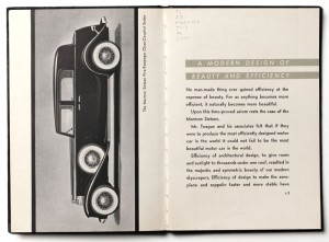 A page spread from the featured book. On the left page, there is a view of the car in profile.