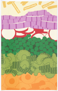 Image features poster showing close up rendering of colorful layers of diced and sliced vegetables. Please scroll down to read the blog post about this object.