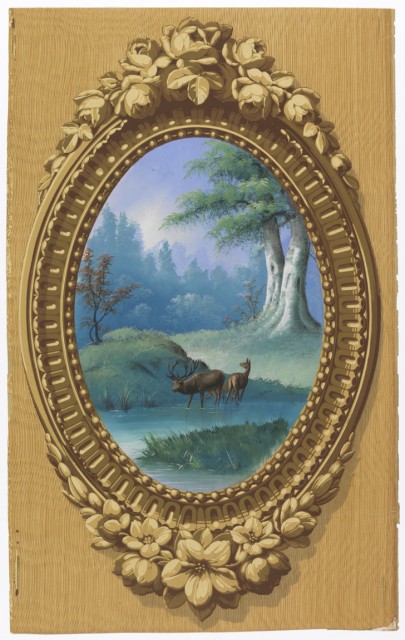 Vertical rectangle. Simulation of elaborately carved oval wood frame, brought to the rectangle by simulated surface of graining. Enclosed in the frame is a painted representation of foliage and two deer.