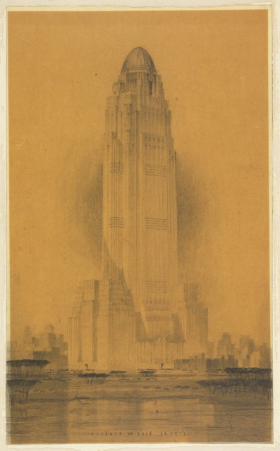 Perspective design for a skyscraper. Smaller masses flank a tall shaft with a dome-like terminus above.