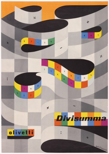 Multicolored poster advertising the Divisumma adding machine by Olivetti. Design consists of stylized printing ribbons in tones of grays interspersed with squares of vivid color. Small typographic forms appear randomly on several of the gray squares and more consistently on the colored ones.