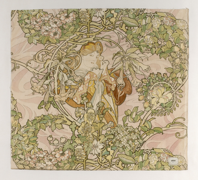 Piece of printed velvet with a young woman in medieval dress with flowing hair, holding a daisy and standing amidst a swirling profusion of branches and flowers, in shades of brown, rust, green and yellow on a pale pink ground.
