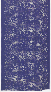 Length of printed cotton with densely arranged, irregular, soft squares of white on a deep blue ground, suggesting the windows of skyscrapers.