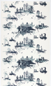"Toile" style pattern in blues on a white ground; the scenes are of the contemporary life and architecture of London.