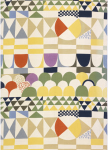 Large-scale geometric pattern with imbricated semi-circles, circles with wedges, diamonds, rectangles and squares, in navy and pale blue, green, yellow, burnt orange, lilac, and tan on a white ground.