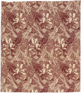 Length of printed fabric with an alternating horizontal repeat of a thresher and sheaves of grain, in dark red on white.