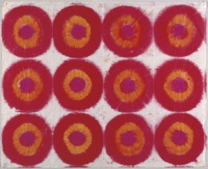 Twelve concentric circles in red, orange and pink arranged in rows.