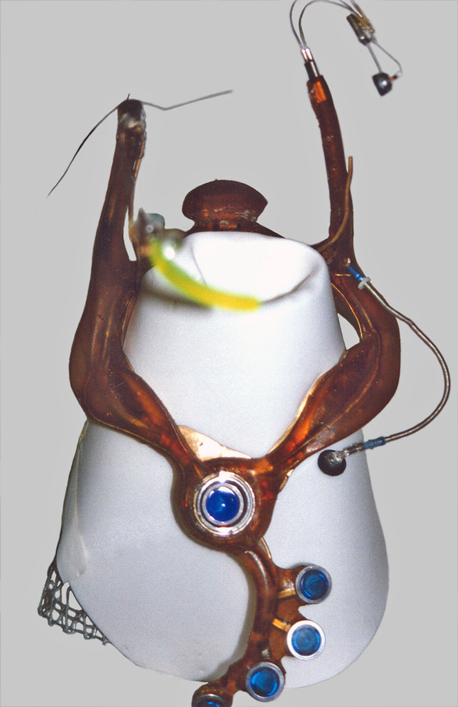 Flexible, transluscent brown resin collar-like form with upright projections on left and right sides, one with small yellow vertical bar at eye level representing a retinal scanning computer display, the other an ear piece; front projection with small circular microphone; pendant-like lower section with five blue discs representing computer trackball and four touch keys to activate computer software.