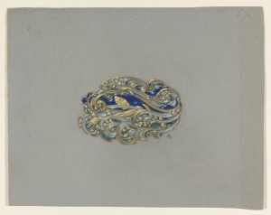 Drawing Design for a Brooch. gold brooch with blue haired girl swimming