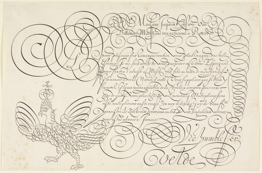 Ornate example of script in the form of a letter. Flourishes include swirls and a crowned eagle at lower left.