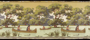 Repeating design of stream with canoes carrying Indians, some carrying rifles, some fishing. Trees form a band in the background. Top margin stamped: Antiseptic Pat'd 8-9-04, and Wm. Campbell-Wall-Paper-Co., with color register marks. Bottom margin stamped: The Oritani, Aegli Desgr, 5015. Printed in greens, red and browns, the trees in "a" largely green, and those in "b" in brown.
