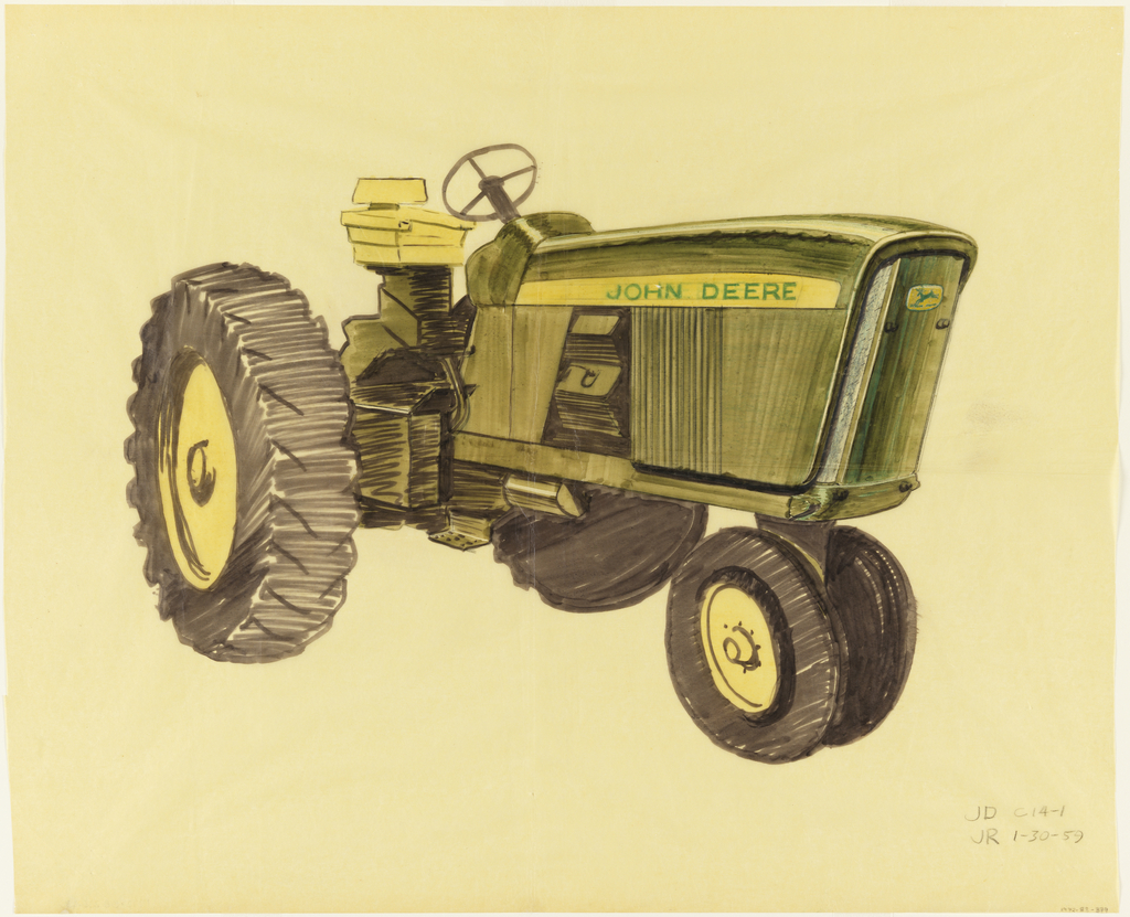 Design for John Deere tractor facing left to highlight front and side screens.