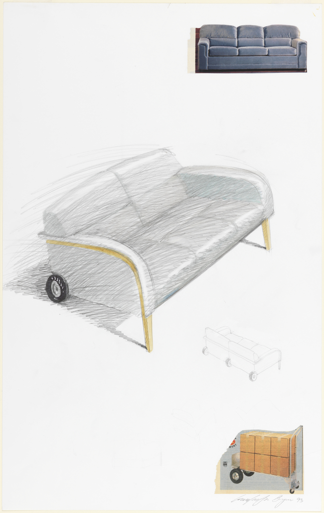 At center, a design for a gray upholstered sofa with upholstered, wooden arms curving to front legs; at back base corner, a rubber wheel. To lower right of this main, central image: small outline sketch showing back view of sofa with three wheels along the base. Two colored illustrations, taken from Sears Roebuck catalog, depict gray sofa ( glued to sheet at upper right) and trolley laden with cardboard boxes (glued to sheet at lower right), show the designer's inspiration for this rolling sofa design.