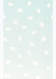 Small white cloud-like shapes printed on a turquoise ground which gradates from dark to light. The cloud-like shapes become larger and more greatly spaced as they progress downward to the lighter shaded ground, and become non-existent about midway down the length.