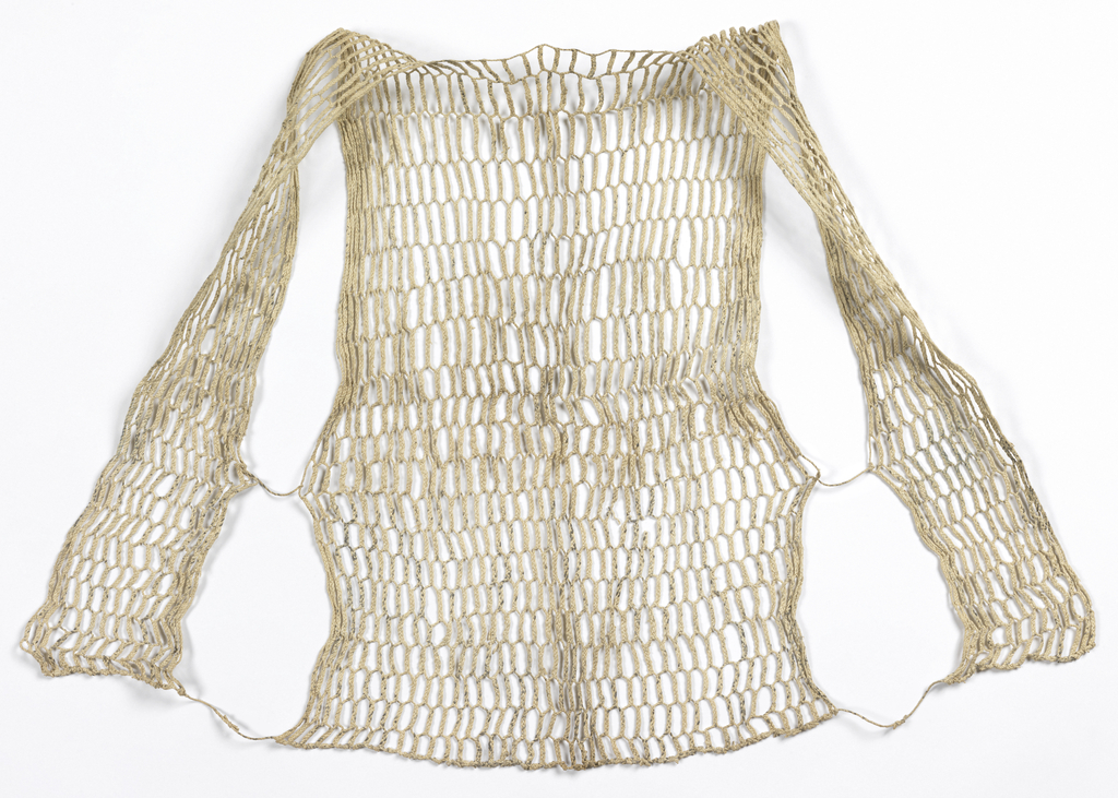 Vest which opens at the front; fronts connected to back by two strands. Plaited recycled paper forming hexagonal mesh. Twisted strands are knotted at the bottom and middle of each side. Recycled handwritten material reads as irregular black spots on the strands of plaited and twisted paper.