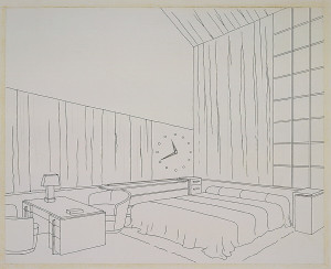 High-ceilinged interior, notable for large numberless clock on rear wall next to long curtained area. Draped double bed is set into built-in headboard with side table and low long end table running beneath clock. Draped window above headboard extends to height of room. Desk with lamp and two tub chairs fill remainder of space at foot of bed.