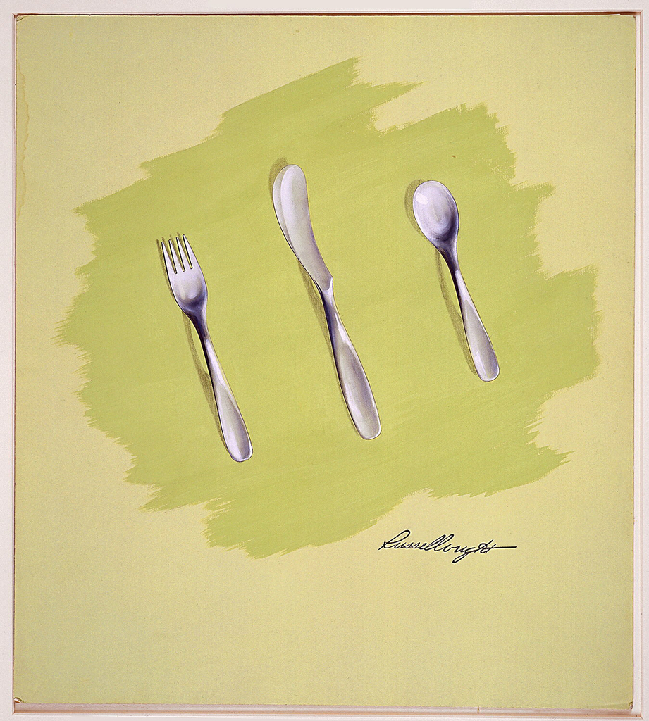 Design for softly contoured stainless steel fork, knife, and spoon with a brushed satin finish on lime green patch of gouache on lighter green paper. Flatware teardrop-shaped handles are elongated, tapered, and depressed.