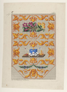 Design for wool work. Scroll design in yellow. In center a blue box, lighted candle and some playing cards.