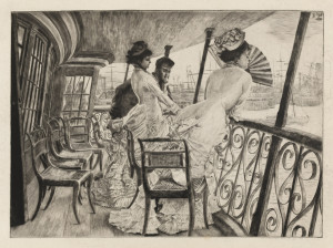 Two women and a gentleman are shown standing on the deck of a ship leaning against the rail at right. In the distance, a view of a harbor with ships.