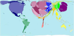 Map: Worldmapper Project: Global Internet Use 1990 and 2007. Designed by Danny Dorling, John Pritchard, Benjamin I. Wheeler, Graham Allsopp, Anna Barford, and Mark Newman, 2007. Museum purchase from General Acquisitions Endowment Fund. 2012-19-1.