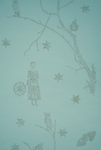 A lone female figure stands beneath a tree bough, surrounded by a star-filled sky. Creatures of the night, including moths and owls, are seen perched in the tree and in flight. Printed in dark sepia on a medium blue ground.
