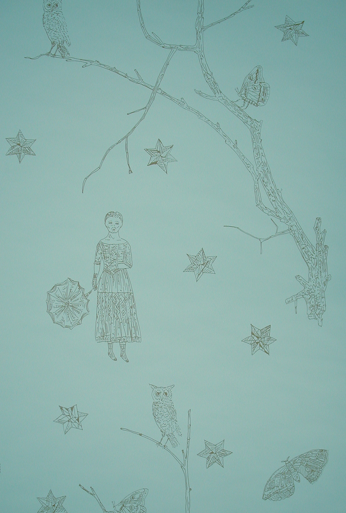 A lone female figure stands beneath a tree bough, surrounded by a star-filled sky. Creatures of the night, including moths and owls, are seen perched in the tree and in flight. Printed in dark sepia on a medium blue ground.