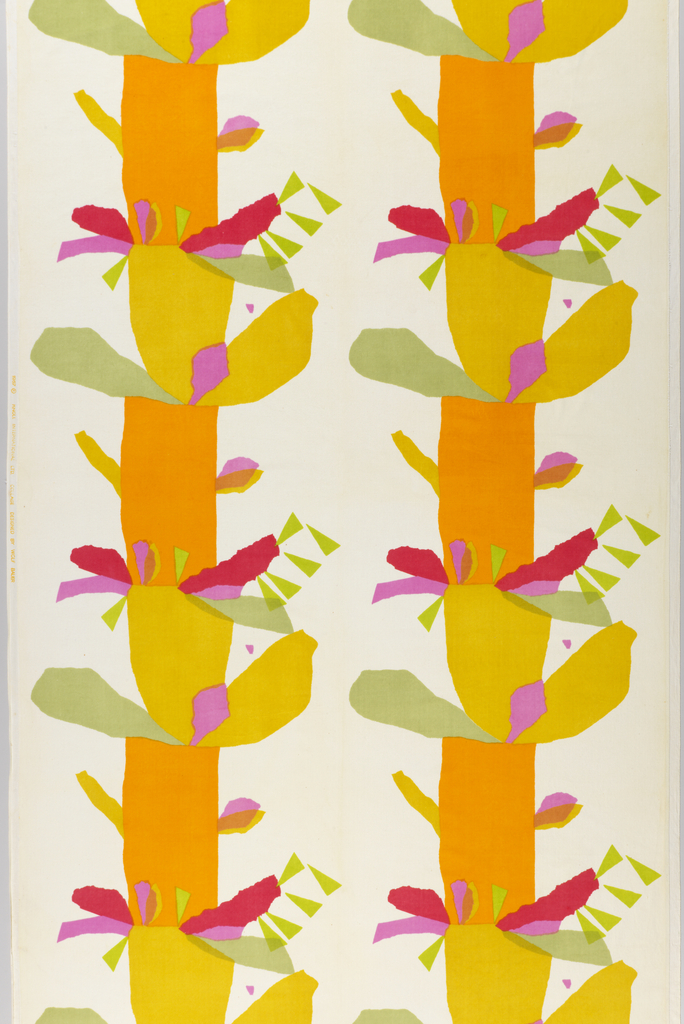 WHAT IS THIS? Length of printed velveteen with a strongly vertical design of two tree-like columns appearing to be composed of pieces of torn tissue paper, in electric shades of orange, yellow, fuchsia, pink, lime and mint green on a white ground.