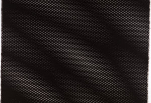 Woven design of white dots on a black ground, with the dots varying slightly in shape and density to mimic the optical effect of a folded perforated screen, or of two such screens shifting past one another.