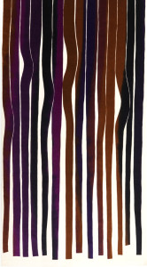 Panel of printed velvet with undulating ribbons of color appearing to hang from the top and terminate several inches above the bottom. In mixed shades of purple and brown on a white ground.