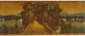 The central motif is the Renaissance castle set high upon a hilltop, with a wide road drawn in a strong perspective, leading the viewer up into the castle. A horse-drawn wagon and guard appear on the road. The tops of the castle towers are cut off, making the castle feel more imposing. The surrounding country side is dotted with hills, trees and little cottages. Block-printed on paper embossed to resemble leather.