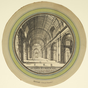 Circular drawing showing the interior of a great basilica, identified as St. Peter's in Rome by an inscription below the image. The view looks down the barrel vaulted nave toward the altar in the distance at left. Small figures are placed in the middle distance and foreground.