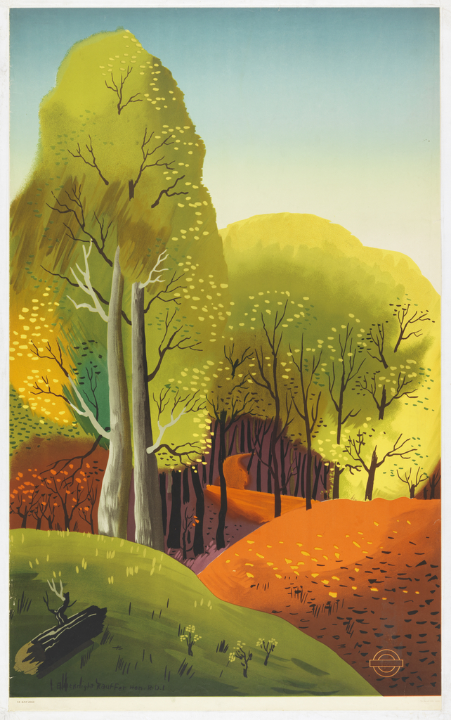Colorful hilly and wooded landscape. Lower right, in orange outline, London Underground logo.