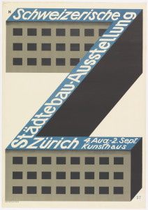 A simply constructed three story building in the shape of a Z, signifying the Zurich museum is the single element of this poster; the only ornament is the lettering running over the flat roof. Executed in black, gray and blue with white lettering.