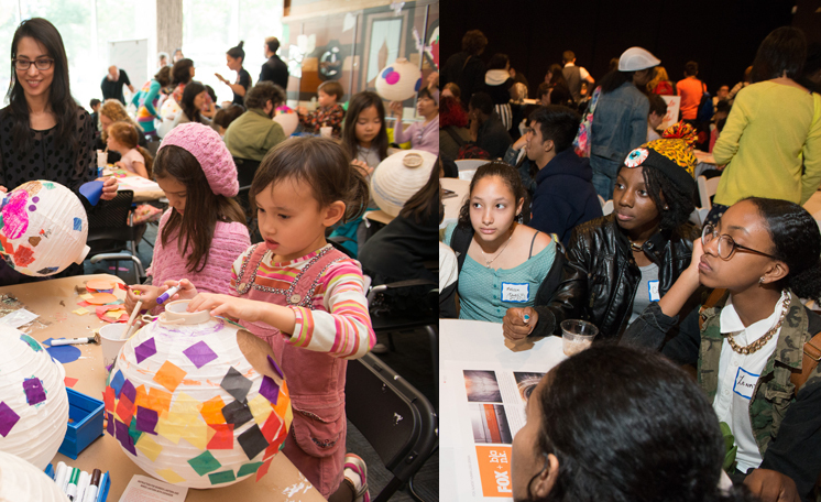 Right: children make crafted designs around a table. Right: teens sit around a round table listening to a man speak